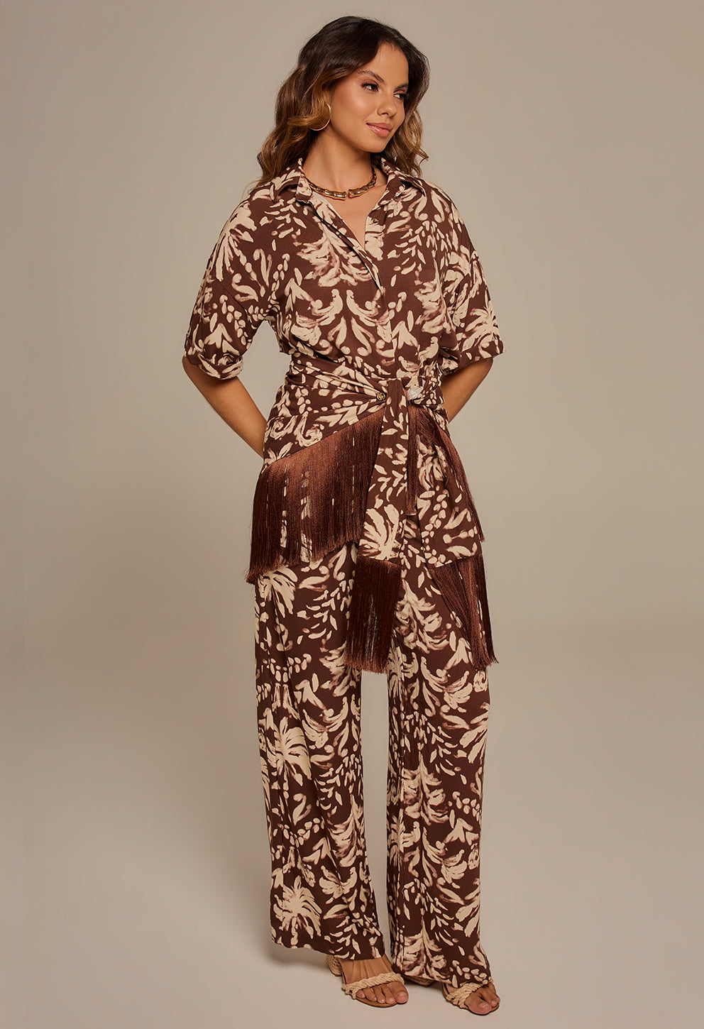 Mini Saia Com Franja Raízes Marrom