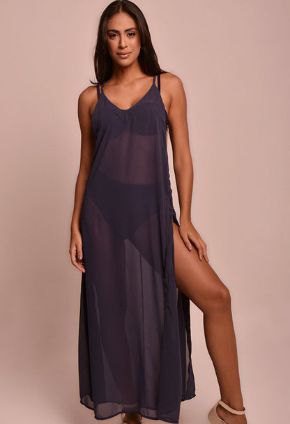 Vestido saída de praia longo azul marinho Tribeca Náutica com alças duplas e abertura lateral com botões