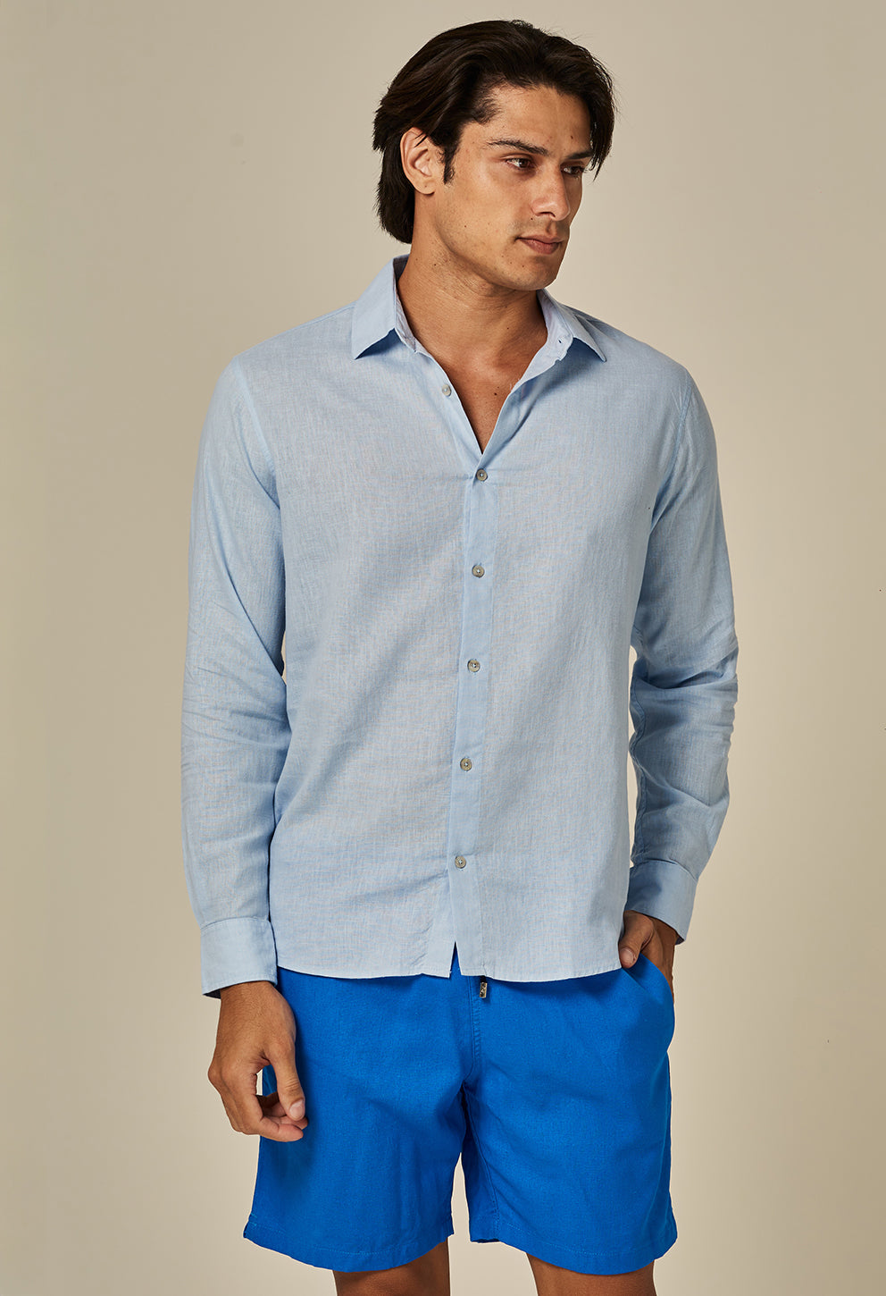 Camisa Linho Slim Manga Longa Azul Sereno