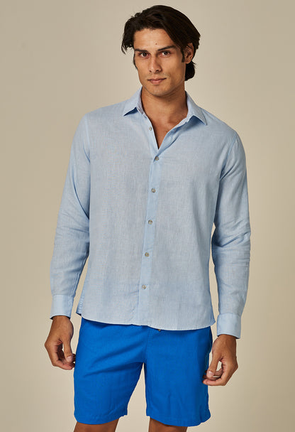 Camisa Linho Slim Manga Longa Azul Sereno