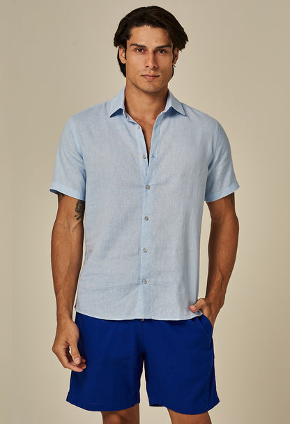 Camisa Linho Slim Manga Curta Ant Azul Sereno