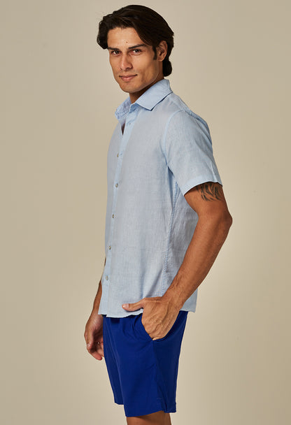 Camisa Linho Slim Manga Curta Ant Azul Sereno