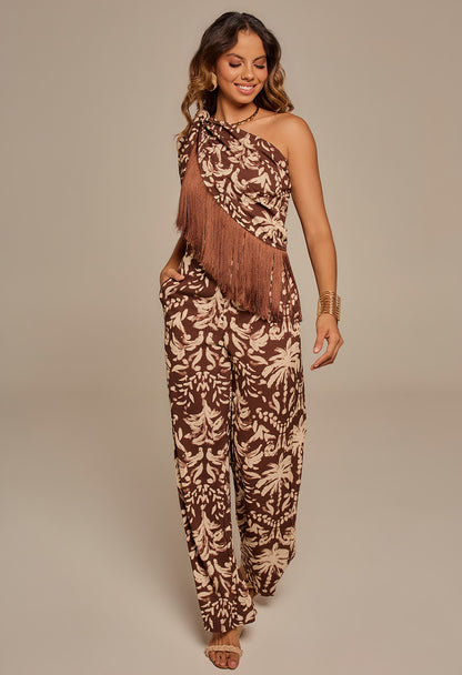 Mini Saia Com Franja Raízes Marrom