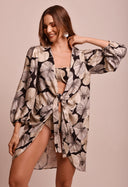 Kaftan Curta Com Nó Sublime estampado bege e preto Fio a Fio Beach