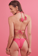 Calcinha levanta bumbum com detalhes de folhas rosa pink vista traseira com amarração no pescoço
